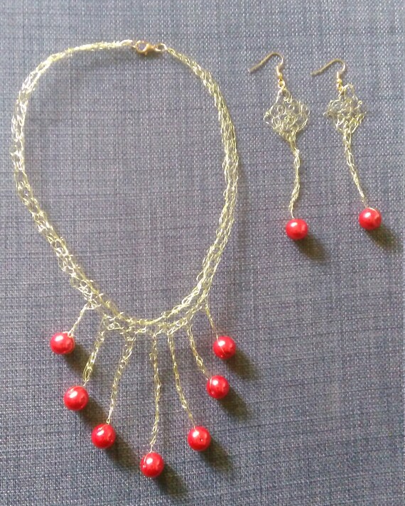 Crochet Necklace and Earrings Set with golden copper wire and red beads. Unique Handmade Free shipping with tracking and discounted price