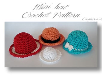 Mini hat Crochet Pattern. For pets, dolls, pin cushion, party favors, coin purse, key ring, toy. Ebook in Pdf. US Terms. English version.