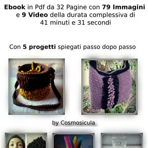 May include: A crochet tutorial ebook with 79 images and 9 videos, covering 5 projects, including a purple and black crochet bag, a yellow and brown crochet bag, a yellow crochet pencil holder, a black crochet hat, and a blue crochet coaster.