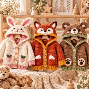 May include: Three crochet hooded cardigans hanging on wooden hangers. The left is a cream rabbit with pink accents and strawberry pockets. The center is an orange fox with white details. The right is a brown bear with green trim and paw print pockets.