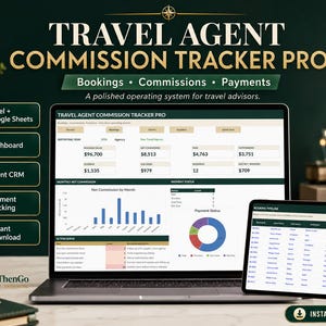 Può includere: Un'interfaccia software digitale per il monitoraggio delle commissioni degli agenti di viaggio visualizzata su uno schermo di laptop e tablet. La dashboard presenta tabelle di dati, grafici a barre e a torta per prenotazioni, commissioni e pagamenti, con etichette di testo tra cui Excel, Google Sheets e KnowThenGo.