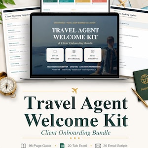Peut inclure: Un kit d'accueil pour agent de voyage et un ensemble d'intégration client affichés sur un écran d'ordinateur portable, comprenant un guide de 96 pages, un tableur Excel de 20 onglets et 36 modèles d'e-mails, en PDF et Excel modifiable.