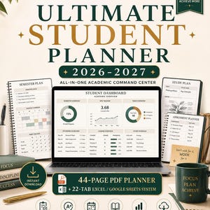 May include: A digital 2026-2027 student planner system featuring a laptop displaying a student dashboard, spiral-bound semester and study plans, a dark green mug with the text FOCUS PLAN ACHIEVE, and a gold pen on a desk surface.