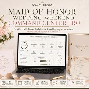 May include: A digital Maid of Honor Wedding Weekend Command Center Pro system displayed on a laptop screen, featuring a dashboard with progress charts, timelines, and task lists, accompanied by a printed playbook and wedding planning cards.