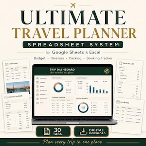 May include: An Ultimate Travel Planner spreadsheet system for Google Sheets and Excel featuring a laptop displaying a trip dashboard with budget, itinerary, and packing trackers, surrounded by printed document pages for travel organization.