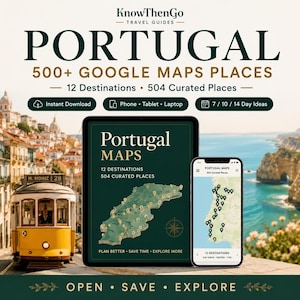 Peut inclure: Un guide de voyage numérique pour le Portugal avec 504 lieux Google Maps sélectionnés dans 12 destinations. L'affichage présente une tablette et un smartphone avec une carte du Portugal, des épingles de localisation et le texte KnowThenGo.