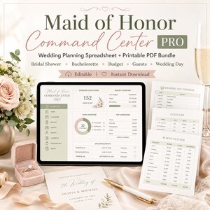 May include: A digital wedding planning bundle titled Maid of Honor Command Center PRO, featuring a tablet displaying a dashboard with budget, guest, and task trackers, alongside printed planning sheets, a ring in a velvet box, and a pen.