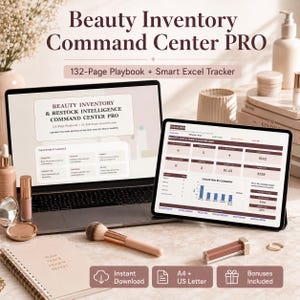 Peut inclure: Un système numérique de gestion d'inventaire beauté affiché sur un écran d'ordinateur portable et une tablette. L'interface présente le texte Beauty Inventory Command Center PRO, 132-Page Playbook et Smart Excel Tracker, avec des graphiques.