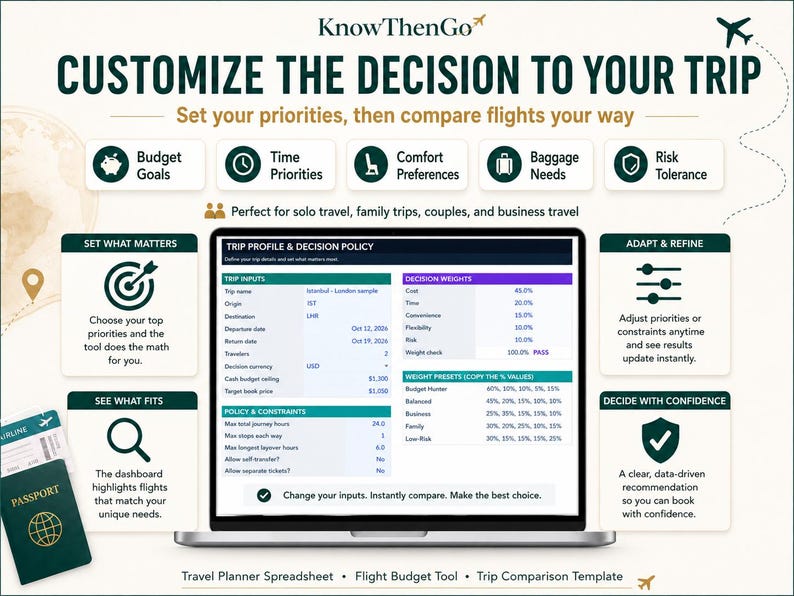 May include: A digital travel planning dashboard titled KnowThenGo, featuring a central laptop screen displaying a Trip Profile and Decision Policy spreadsheet with trip inputs, decision weights, and weight presets for budget, time, and comfort.