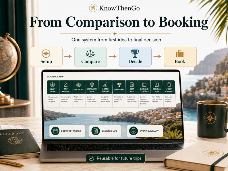 May include: A laptop screen displays the KnowThenGo workbook map with a workflow from comparison to booking. The interface features icons for setup, compare, decide, and book, alongside a dashboard, cost lab, and decision log for travel planning.