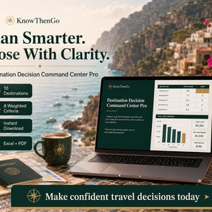 May include: A laptop displaying the Destination Decision Command Center Pro software, a dark green mug with a compass logo, and a passport on a table. Text includes Plan Smarter, Choose With Clarity, 10 Destinations, 8 Weighted Criteria, and Excel + PDF.