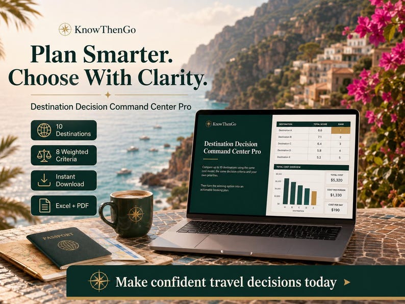 May include: A laptop displaying the Destination Decision Command Center Pro software, a dark green mug with a compass logo, and a passport on a table. Text includes Plan Smarter, Choose With Clarity, 10 Destinations, 8 Weighted Criteria, and Excel + PDF.