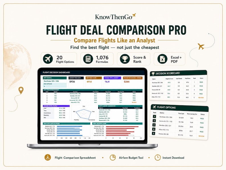 May include: A digital dashboard titled FLIGHT DEAL COMPARISON PRO displayed on a laptop screen. The interface features a FLIGHT DECISION DASHBOARD with tables, charts, and scores for flight options, alongside a DECISION SCORECARD and FLIGHT OPTIONS list.