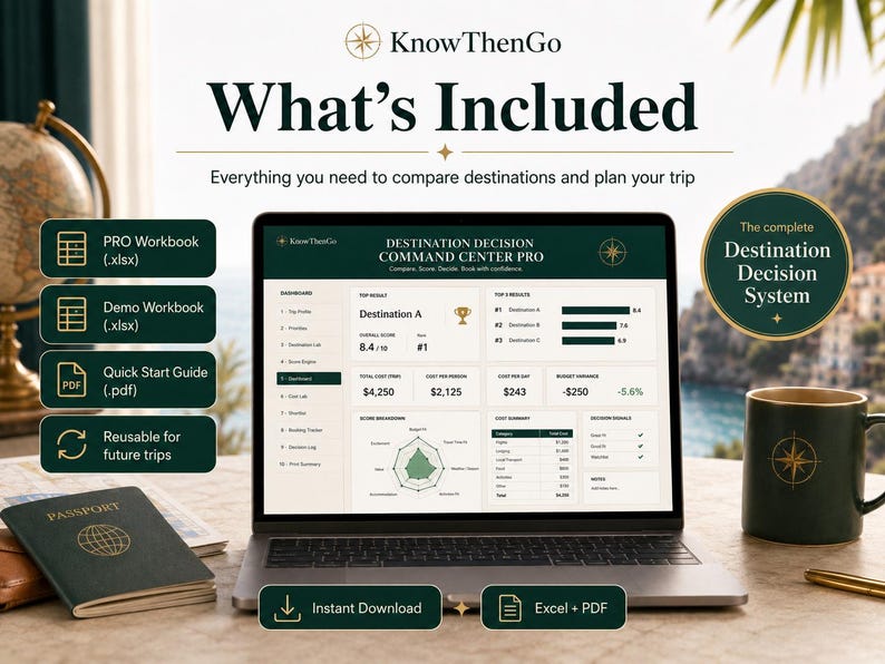 May include: A laptop screen displays the KnowThenGo Destination Decision Command Center Pro dashboard with travel planning data, including a PRO workbook, demo workbook, quick start guide, and a passport, all presented in a digital format.