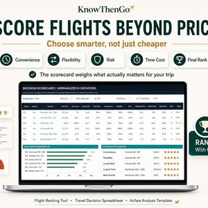 May include: A laptop screen displays the KnowThenGo flight decision scorecard with a data table, bar charts, and ranking metrics. The interface includes headers for convenience, flexibility, risk, time cost, and final rank, with a trophy icon labeled Ranked With Confidence.