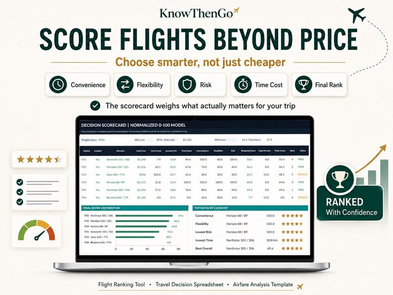 May include: A laptop screen displays the KnowThenGo flight decision scorecard with a data table, bar charts, and ranking metrics. The interface includes headers for convenience, flexibility, risk, time cost, and final rank, with a trophy icon labeled Ranked With Confidence.