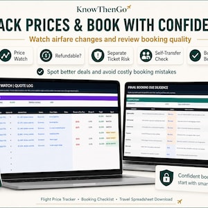 May include: Two laptops displaying flight price tracking and booking checklist software. The screens show data tables titled Price Watch | Quote Log and Final Booking Due Diligence. A green passport and airline ticket are visible in the lower left corner.
