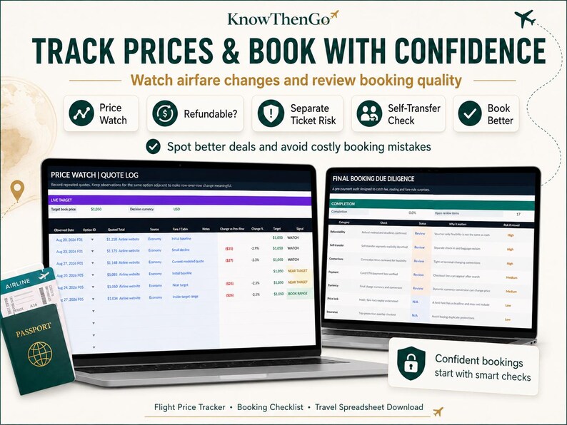 May include: Two laptops displaying flight price tracking and booking checklist software. The screens show data tables titled Price Watch | Quote Log and Final Booking Due Diligence. A green passport and airline ticket are visible in the lower left corner.