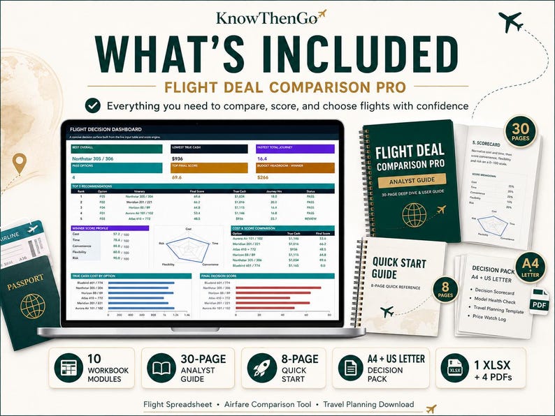 May include: A digital product bundle titled KnowThenGo Flight Deal Comparison Pro featuring a laptop displaying a flight decision dashboard, a 30-page analyst guide, an 8-page quick start guide, a passport, and a decision pack in A4 and US letter sizes.