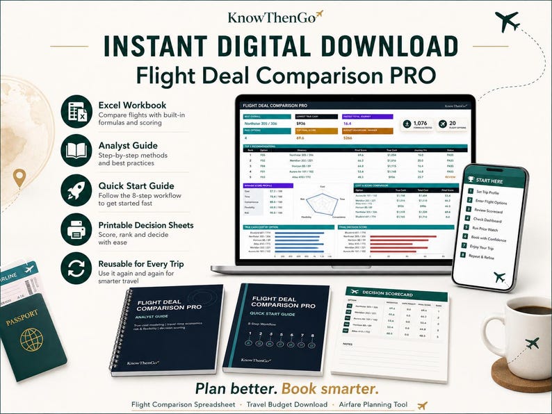 May include: A digital flight comparison tool set featuring a laptop and smartphone displaying the Flight Deal Comparison PRO dashboard, an analyst guide, a quick start guide, a decision scorecard, a passport, and a coffee mug with an airplane icon.