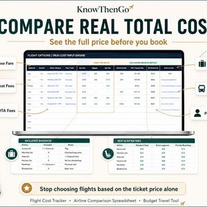 May include: A digital display showing a KnowThenGo flight comparison tool with a central table titled FLIGHT OPTIONS | TRUE-COST INPUT ENGINE. It includes sections for Base Fare, Baggage, Seat Fees, Transfer Costs, and Per-Person Cost data.