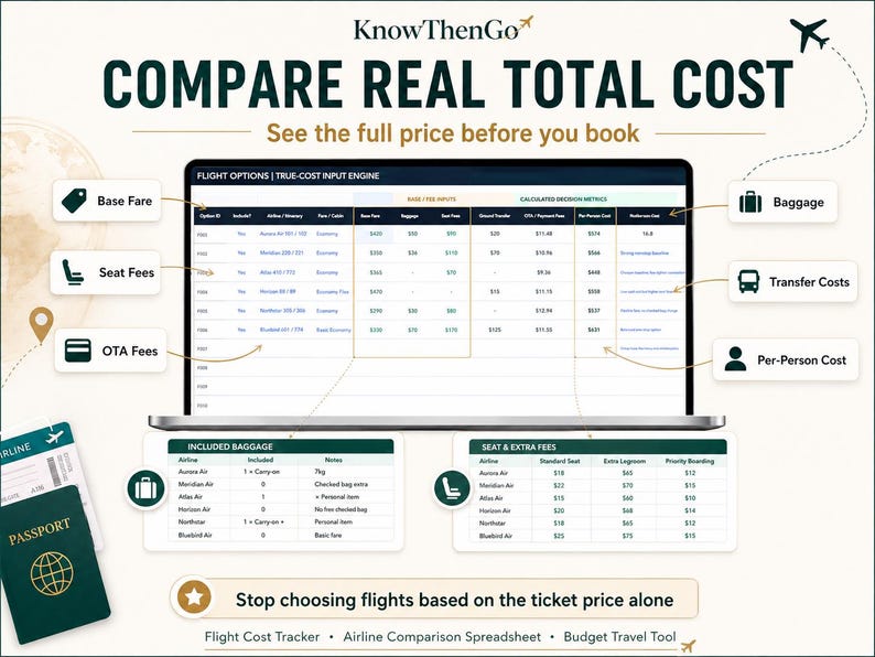 May include: A digital display showing a KnowThenGo flight comparison tool with a central table titled FLIGHT OPTIONS | TRUE-COST INPUT ENGINE. It includes sections for Base Fare, Baggage, Seat Fees, Transfer Costs, and Per-Person Cost data.