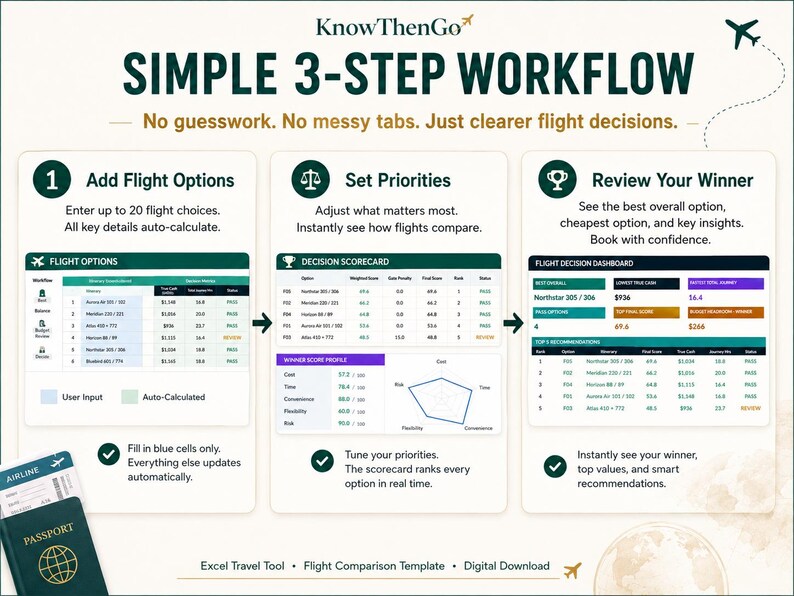 May include: An infographic titled KnowThenGo Simple 3-Step Workflow showing a flight comparison process. It features three steps: Add Flight Options, Set Priorities, and Review Your Winner, with corresponding data tables, a decision scorecard, and a dashboard.