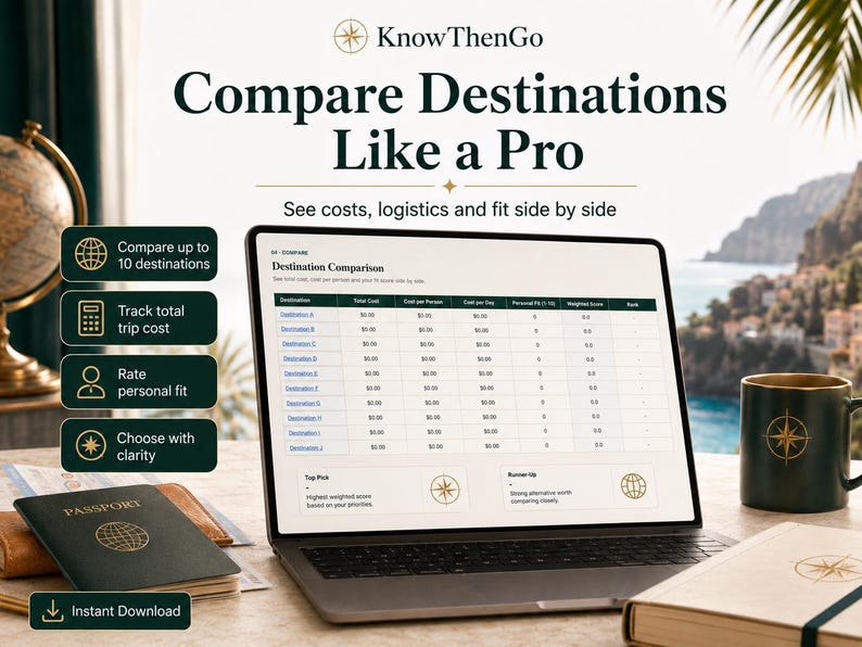 May include: A laptop screen displays a KnowThenGo destination comparison spreadsheet with columns for total cost, cost per person, cost per day, personal fit, and weighted score. A passport, a dark green mug with a gold compass logo, and a notebook sit nearby.