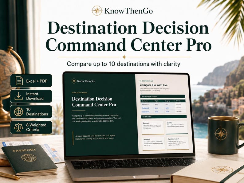 May include: A laptop displaying the KnowThenGo Destination Decision Command Center Pro travel planning software. The screen shows a comparison table for 10 destinations. Beside the laptop are a passport, a dark green mug, and a notebook.