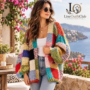 May include: A chunky knit cardigan featuring a multi-colored patchwork design with squares in red, blue, yellow, green, and cream. The open-front sweater is worn over a white tank top and light blue denim jeans. The logo LineOutfitClub is visible.