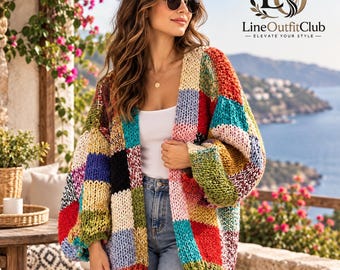 Colorful Patchwork Cardigan | Handmade Chunky Knit Sweater | Oversized Boho Jacket | Cozy Winter Wear