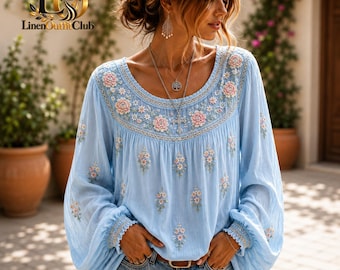 Boho-Leinenbluse mit Blumenmuster, lässiges Damen-Oberteil im Bauernstil, langärmeliges Freizeithemd