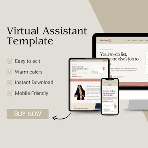 Pode incluir: Um modelo digital de assistente virtual exibido em um monitor de desktop, tablet e smartphone. O design apresenta tons de bege quente e rosa suave com o texto 'Your to-do list, someone else's job to finish.' Inclui ícones de marca de verificação.
