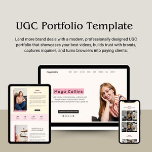 Modèle de site web portfolio pour créateurs de contenu utilisateur (UGC), site Canva rose poudré et crème (téléchargement numérique) SMM