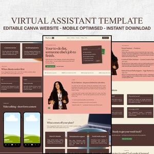 Puede incluir: Una plantilla de sitio web para asistente virtual diseñada en Canva, con una paleta de colores rosa suave y marrón oscuro. El diseño incluye secciones para servicios, testimonios de clientes y una biografía, optimizada para dispositivos móviles.