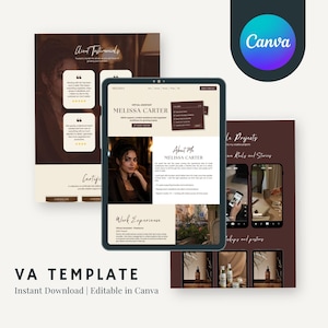 Peut inclure: Un modèle numérique VA affiché sur un écran de tablette et deux feuilles en arrière-plan, avec un schéma de couleurs marron foncé et crème. Le texte inclut "MELISSA CARTER", "Client Testimonials", "About Me", "Work Experience" et "VA TEMPLATE".