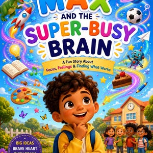 Peut inclure: Une couverture de livre intitulée Max and the Super-Busy Brain: A Fun Story About Focus, Feelings & Finding What Works. Elle montre un enfant souriant aux cheveux bouclés, un dinosaure vert, une fusée, un robot, un ballon et une école.