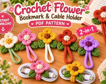 かぎ針編みの花のしおりパターン、2in1ケーブルホルダー、簡単なPDFデジタルダウンロード
