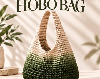 クリームグリーンのかぎ針編みホーボーバッグの型紙、簡単なグラデーションショルダーバッグ（PDF）