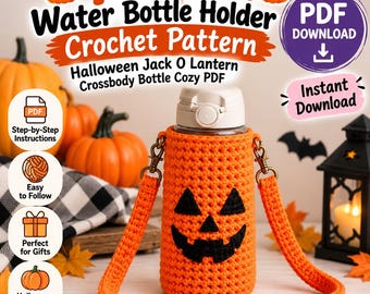 カボチャのウォーターボトルホルダーの編み図、ハロウィンのジャック・オー・ランタンのクロスボディボトルカバー（PDF）