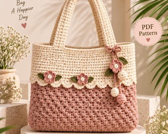コテージブルーム かぎ針編みトートバッグ パターン、花柄デザイン、初心者向け (PDF)
