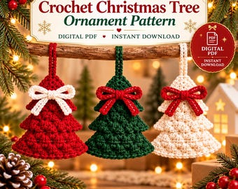 かぎ針編みのクリスマスツリーオーナメントの型紙、簡単なホリデーデコレーション（PDF）