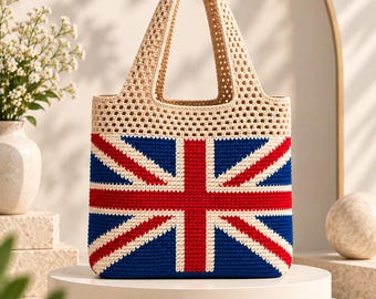 ユニオンジャック柄のかぎ針編みトートバッグの型紙、イギリス国旗デザイン（PDFダウンロード）