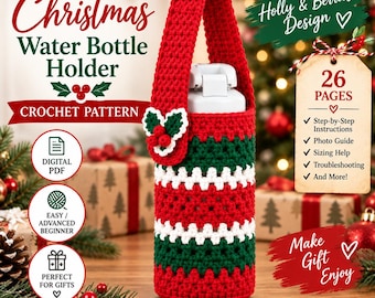 クリスマス用かぎ針編みウォーターボトルホルダーパターン、ホリデーボトルカバーPDF、即時ダウンロード