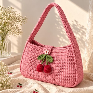 May include: A pink crochet handbag featuring a single shoulder strap and a central closure flap. The flap is decorated with a small white flower and two dangling red crochet cherries with green leaves attached to the front of the bag.