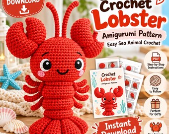 かぎ針編みロブスターあみぐるみパターン、簡単な海の生き物のかぎ針編みPDF、即時ダウンロード