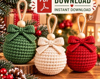 簡単なかぎ針編みのクリスマスオーナメントパターン、ホリデーオーナメントPDF、クリスマスツリーの飾り、即時ダウンロード