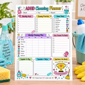 Peut inclure: Une feuille de planification de nettoyage ADHD blanche avec des en-têtes et des icônes colorés. Les sections incluent les objectifs mensuels, les priorités, les zones, le plan hebdomadaire, le nettoyage en profondeur et les notes.