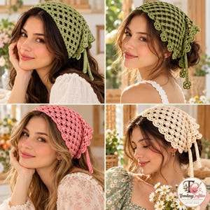 May include: A collection of four crochet headscarves in sage green, pink, and cream. Each triangular bandana features an open diamond-stitch pattern with a scalloped edge and long ties. The bottom right image includes a logo with the text Trending Craftive.