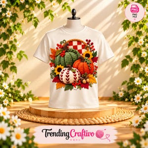 May include: A cream-colored short-sleeve t-shirt featuring a central graphic of three crocheted pumpkins in green, orange, and white, surrounded by autumn leaves, sunflowers, red berries, and a red and white checkered pattern background.